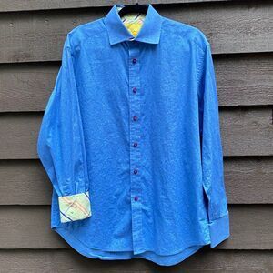 Robert Graham Men’s Shirt  L Blue Paisley Lime Green Plaid Flip Cuff Long Sleeve